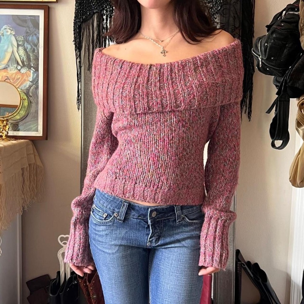 Sisley Y2K Pink Purple Chunky Knit Off The Shoulder Tie Back Sweater Top